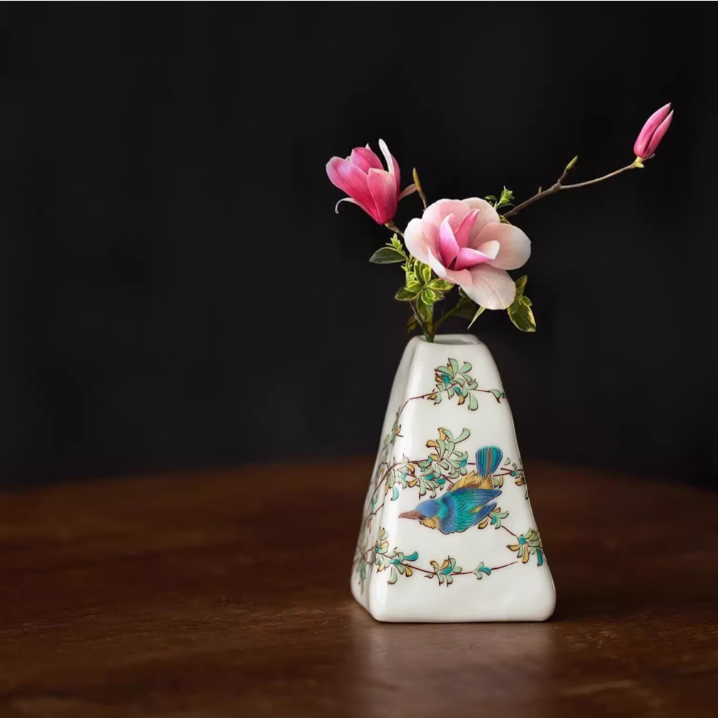 Kutaniyaki Handcrafted Sparrow Floral Vase