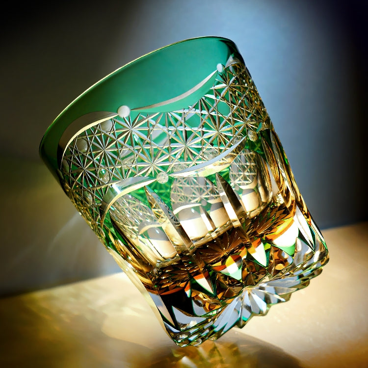 Edo Kiriko Handcrafted Emerald Prism Whisky Glass With Wooden Box