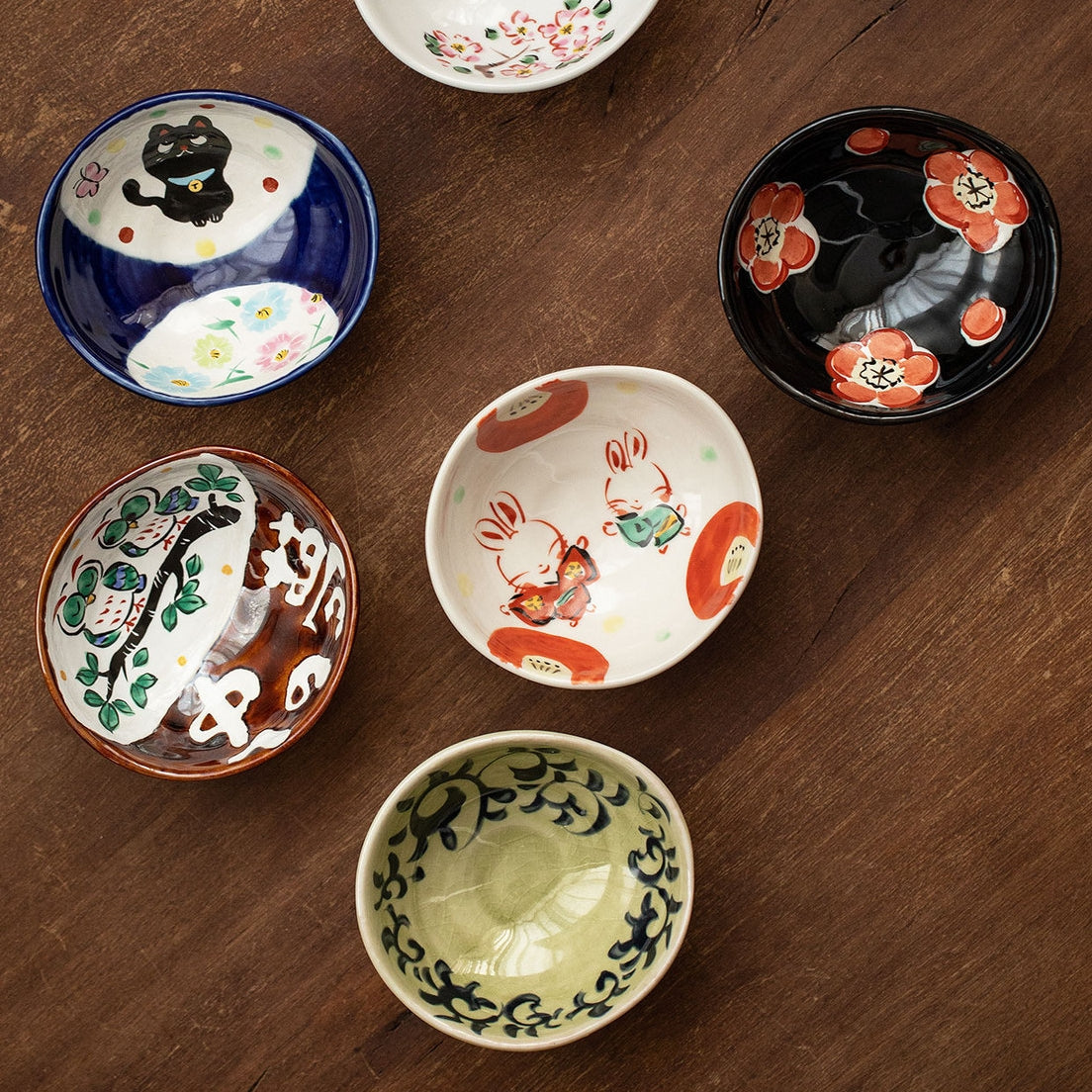 Ensemble de six bols Kobachi en céramique Ryochen Keshiki de Mino Ware avec boîte en bois