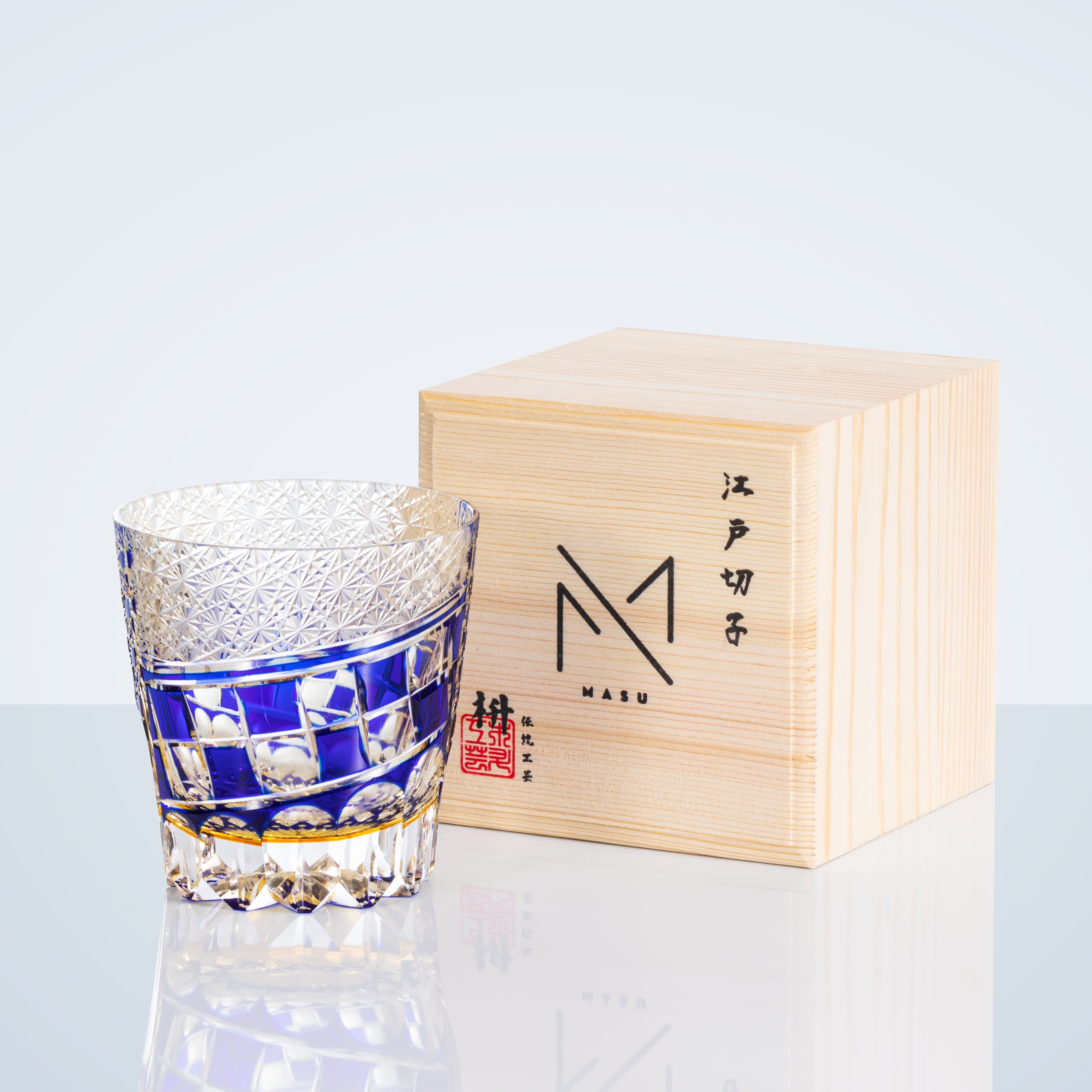 Edo Kiriko Handcrafted Sapphire Motif Whisky Glass With Wooden Box