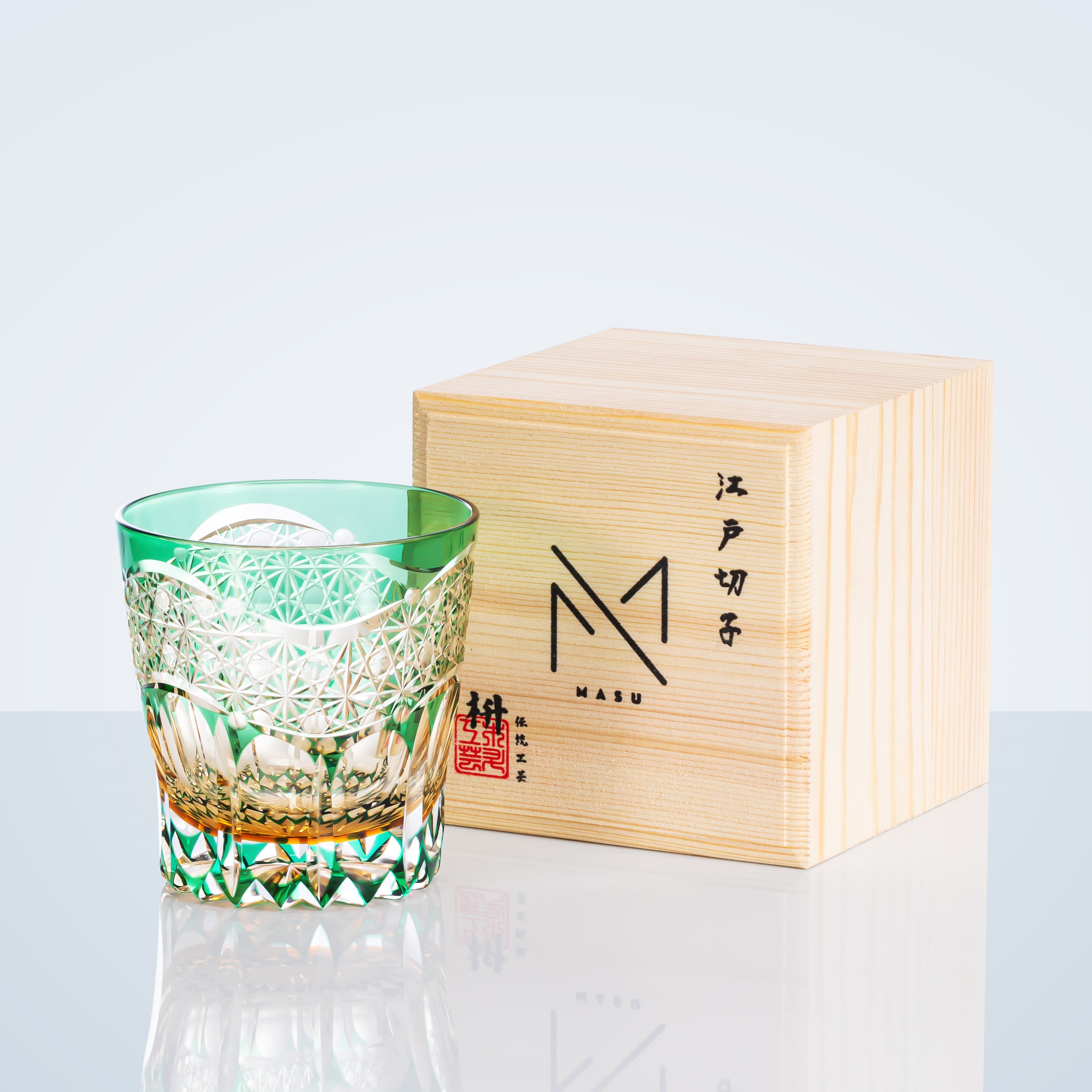 Edo Kiriko Handcrafted Emerald Prism Whisky Glass With Wooden Box