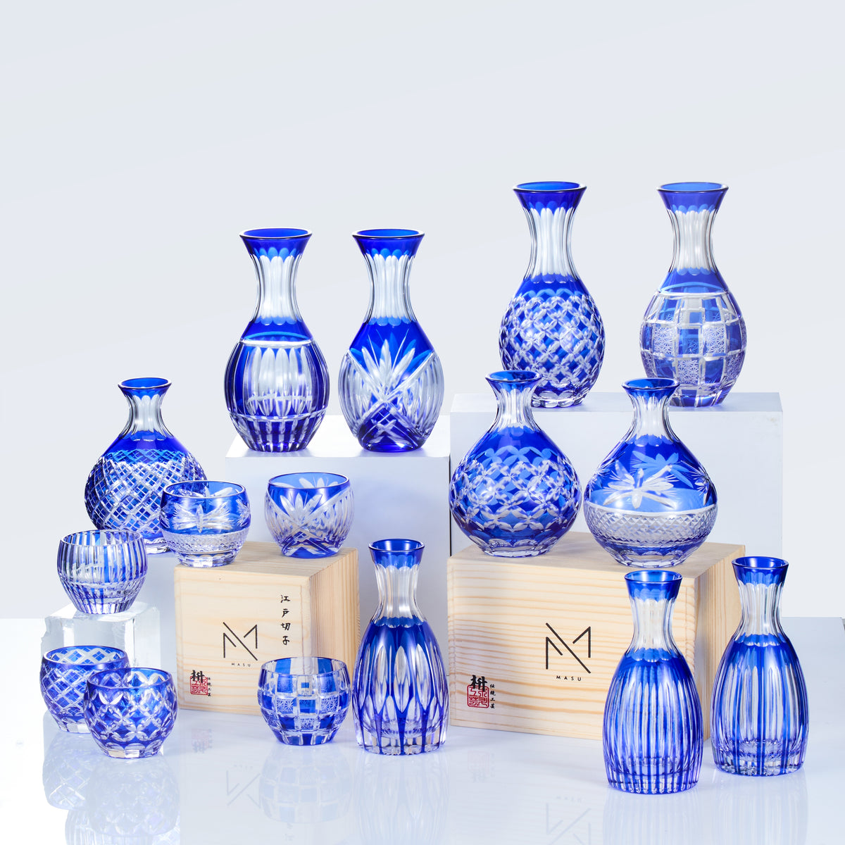 Edo Kiriko Handcrafted Ruri Sake Glass Collection - MASU