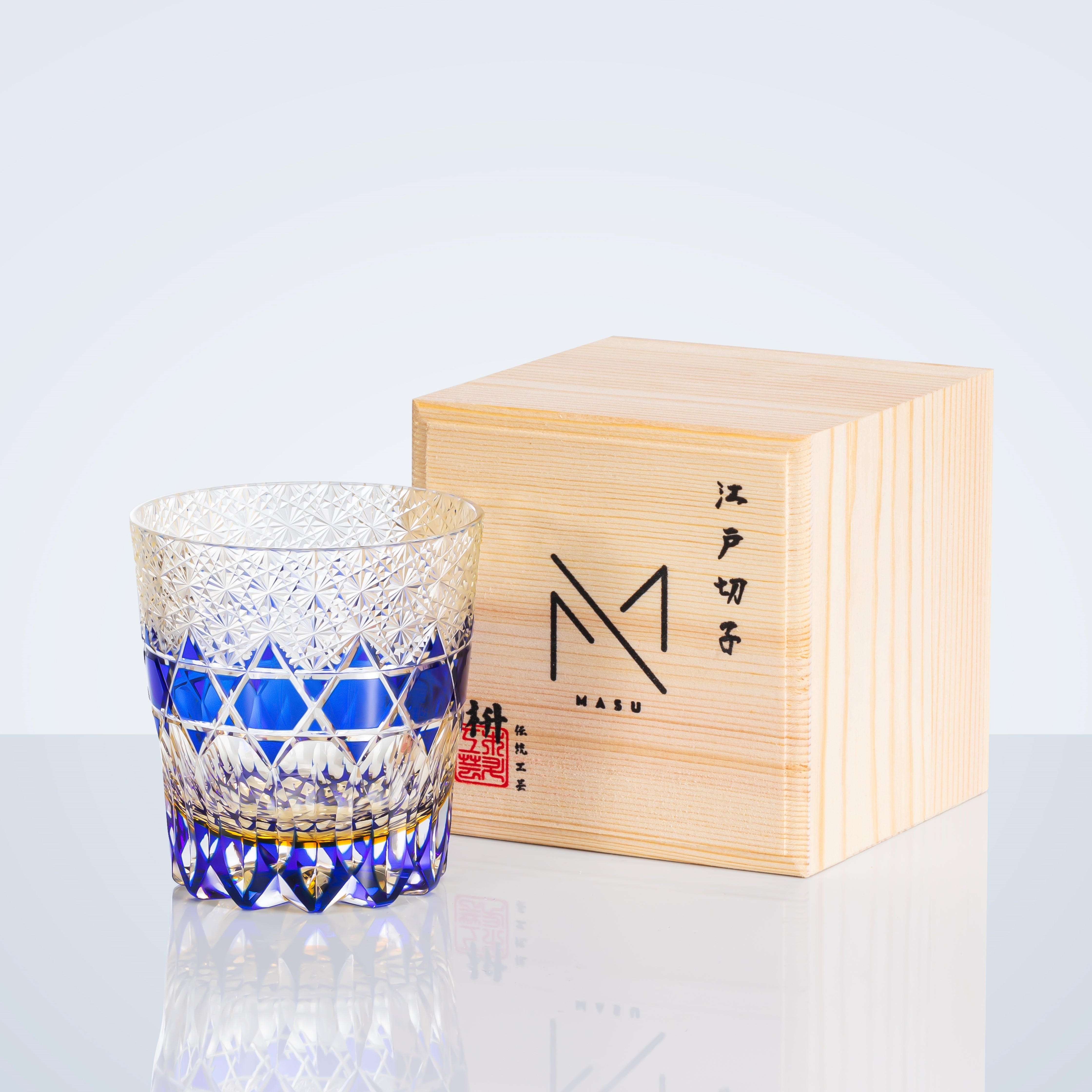 Edo Kiriko Handcrafted Sapphire Fluorite Whisky Glass With Wooden Box