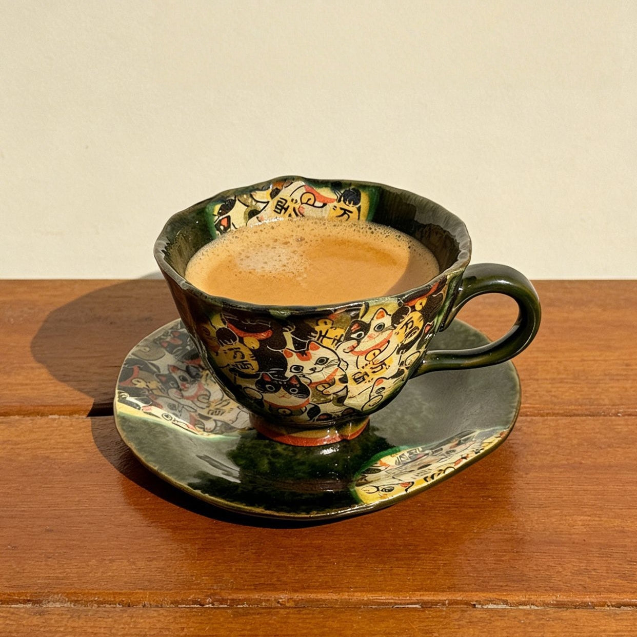Mino Ware Handcrafted Oribe Fuku Neko Coffee Cup/Saucer Set