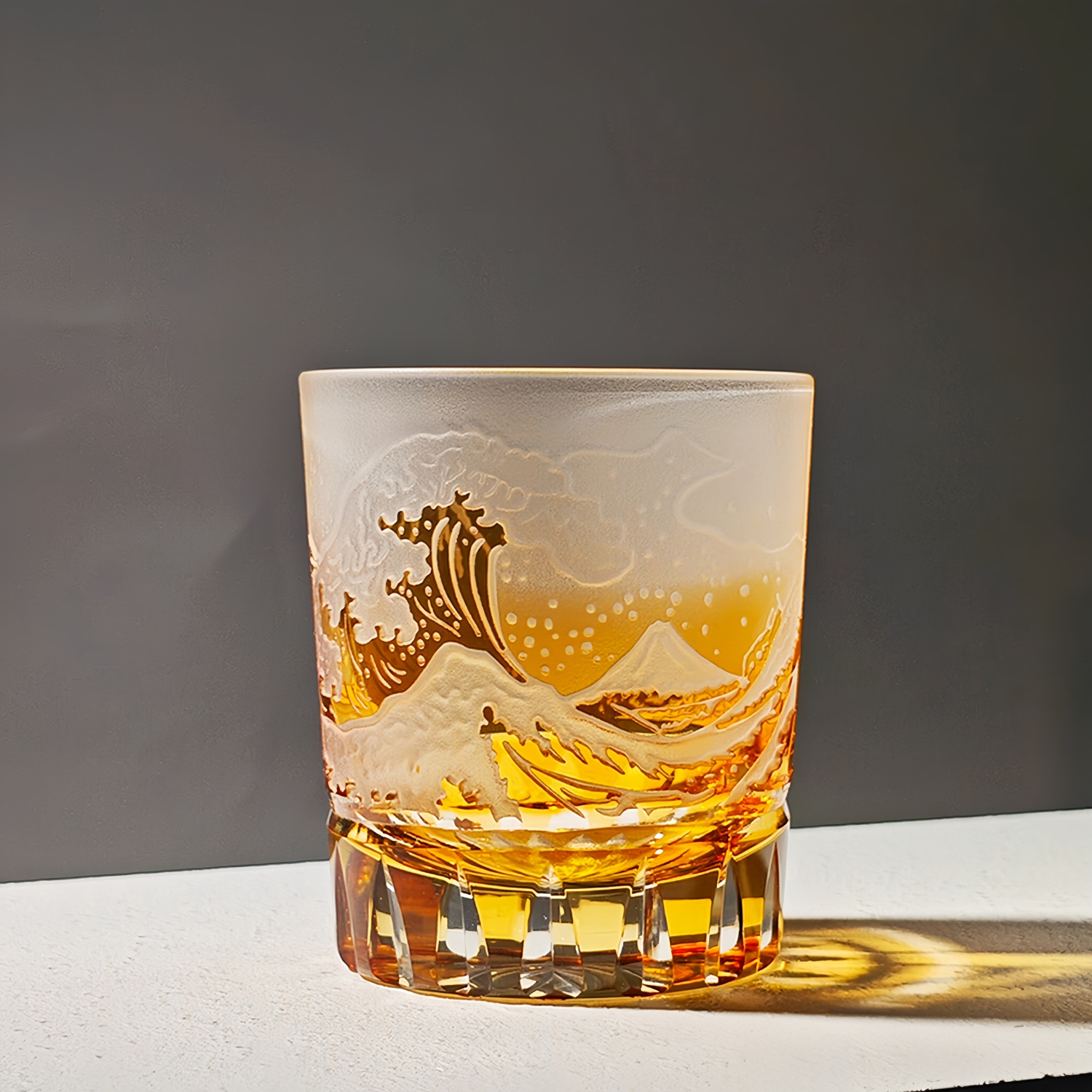 Edo Kiriko Handcrafted Fuji Wave Whisky Glass Collection With Wooden Box