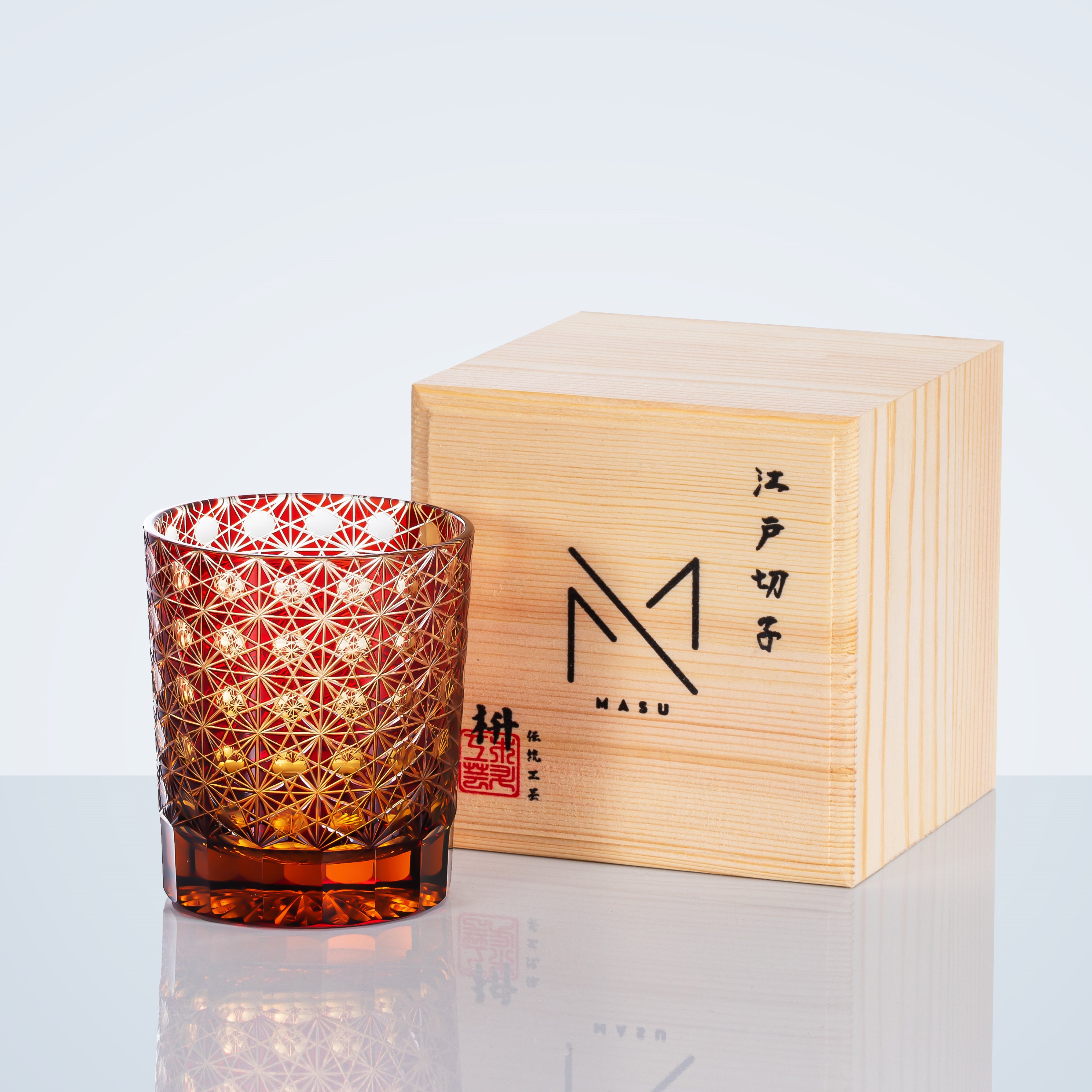 Edo Kiriko Handcrafted Amber Star Chrysanthemum Whisky Glasses With Wooden Box