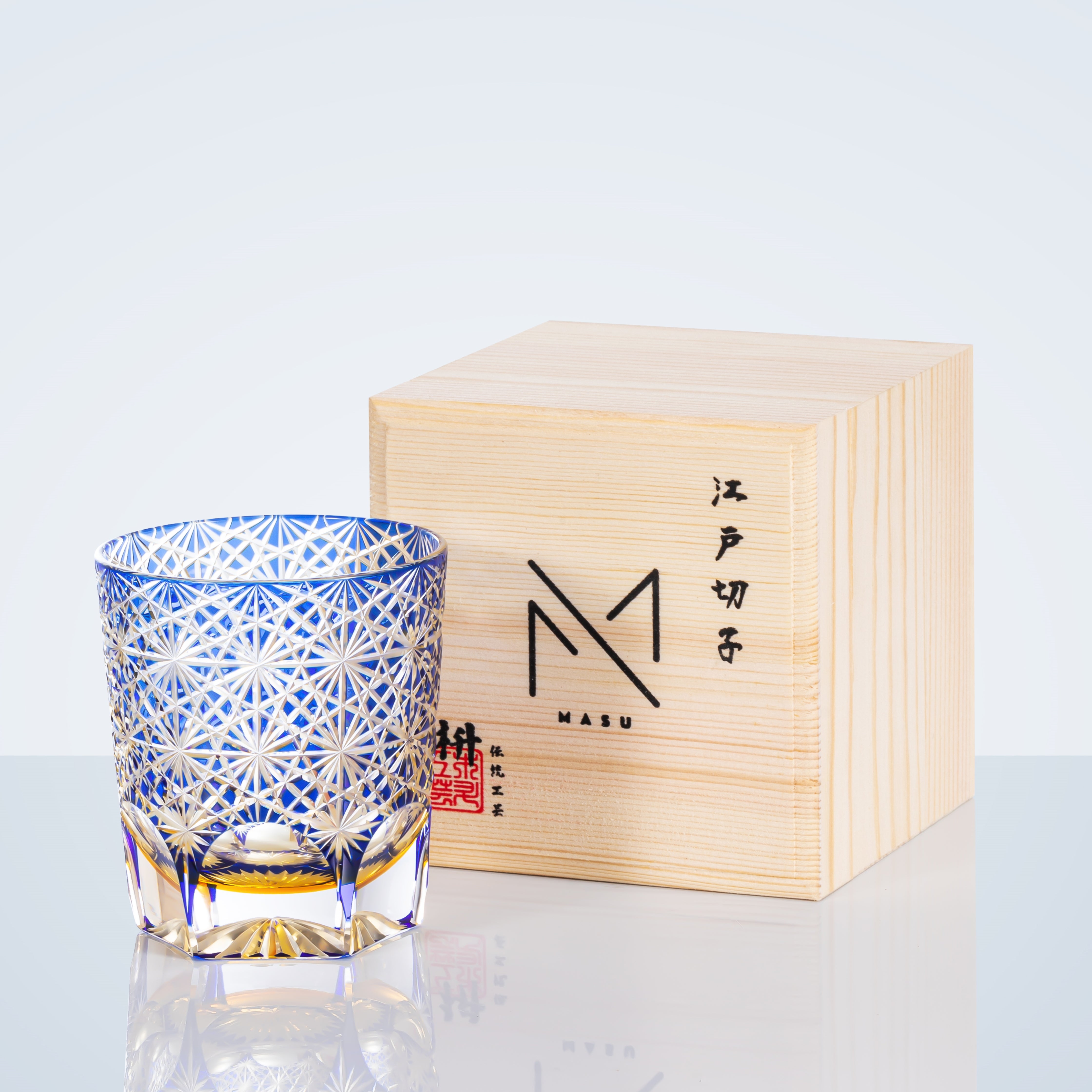 Edo Kiriko Handcrafted Blue Amber Whisky Glass With Wooden Box