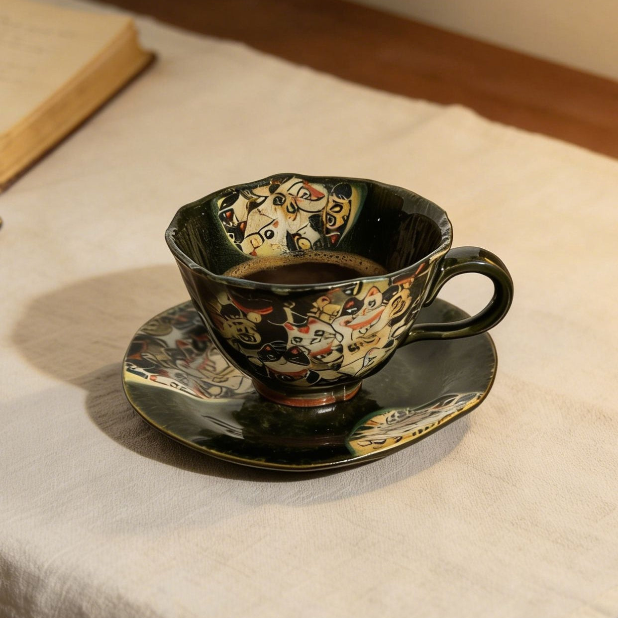 Mino Ware Handcrafted Oribe Fuku Neko Coffee Cup/Saucer Set