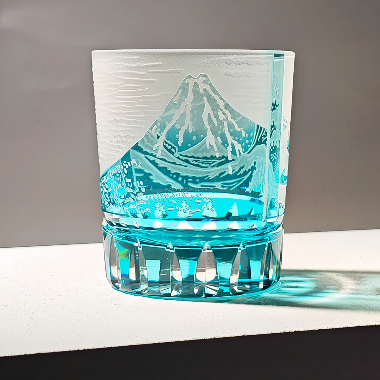 Edo Kiriko Handcrafted Fuji Wave Whisky Glass Collection With Wooden Box