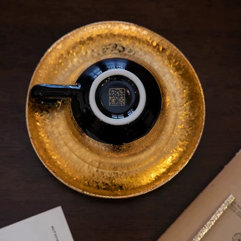 Arita Ware Handcrafted Kinsai Black Gold Coffee Cup/Saucer Set