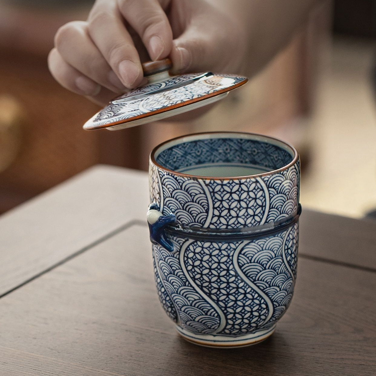 Arita Ware Seigaiha Shippou Lidded Ceramic Teacup