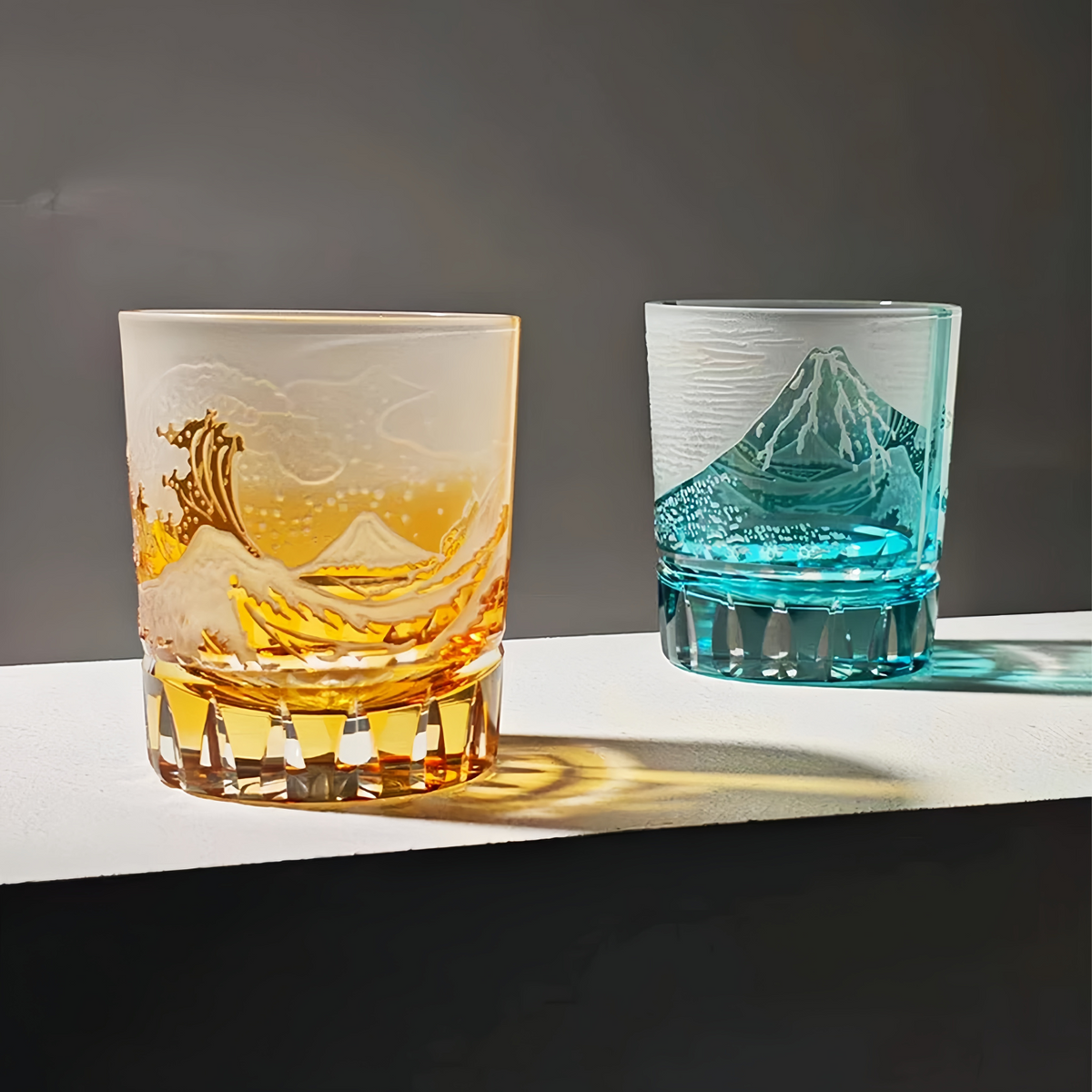 Edo Kiriko Handcrafted Fuji Wave Whisky Glass Collection With