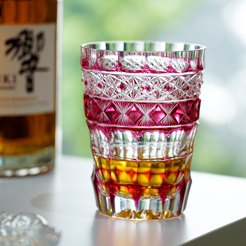 Edo Kiriko Handcrafted Ruby Aurora Whisky Glass With Wooden Box