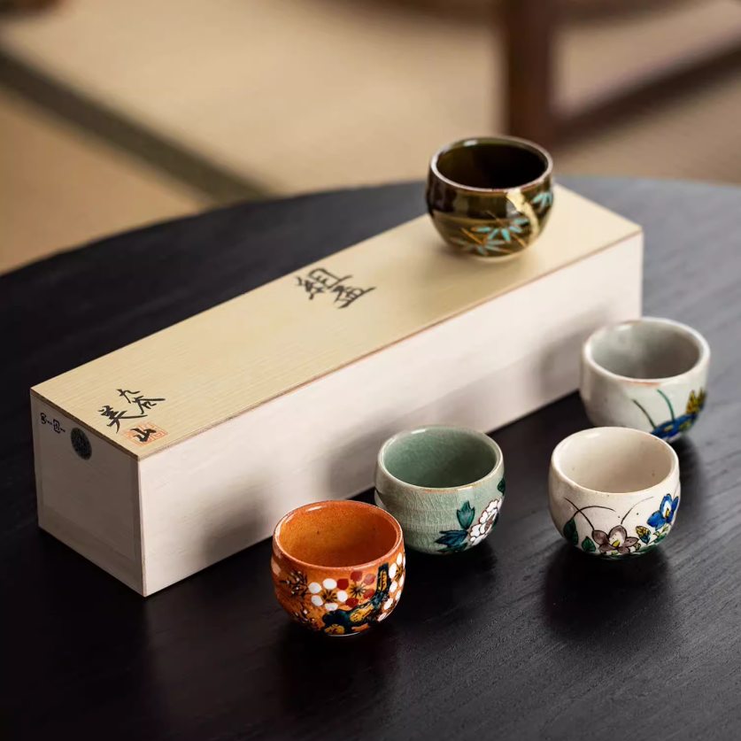 Kutaniyaki Handcrafted Goh-Souka Tea Cup Set of Five with Wooden Box