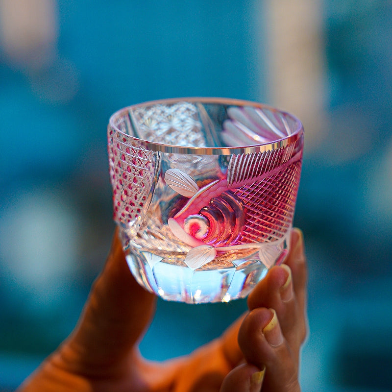 Edo Kiriko Handcrafted Rose Koi Glass With Wooden Box