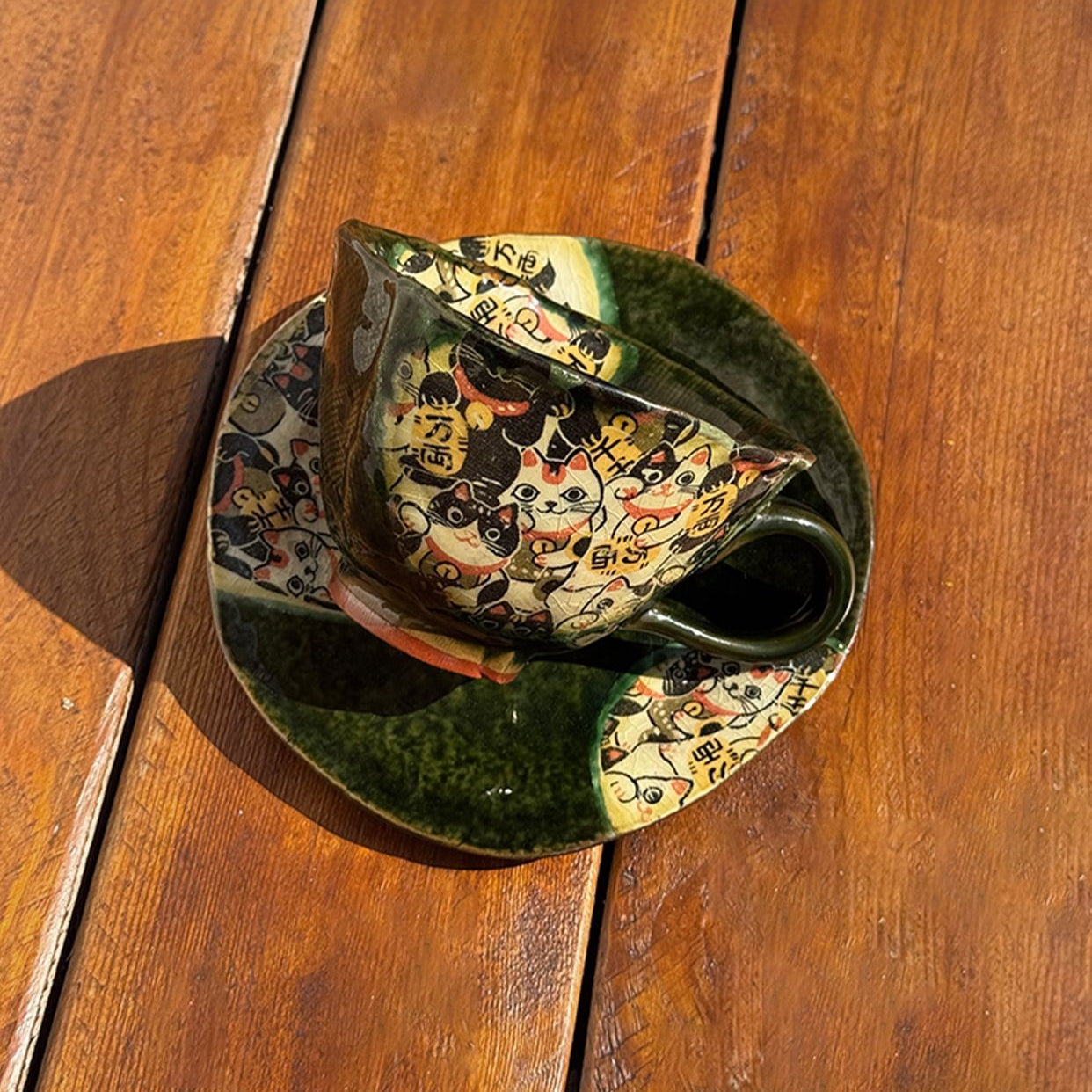 Mino Ware Handcrafted Oribe Fuku Neko Coffee Cup/Saucer Set