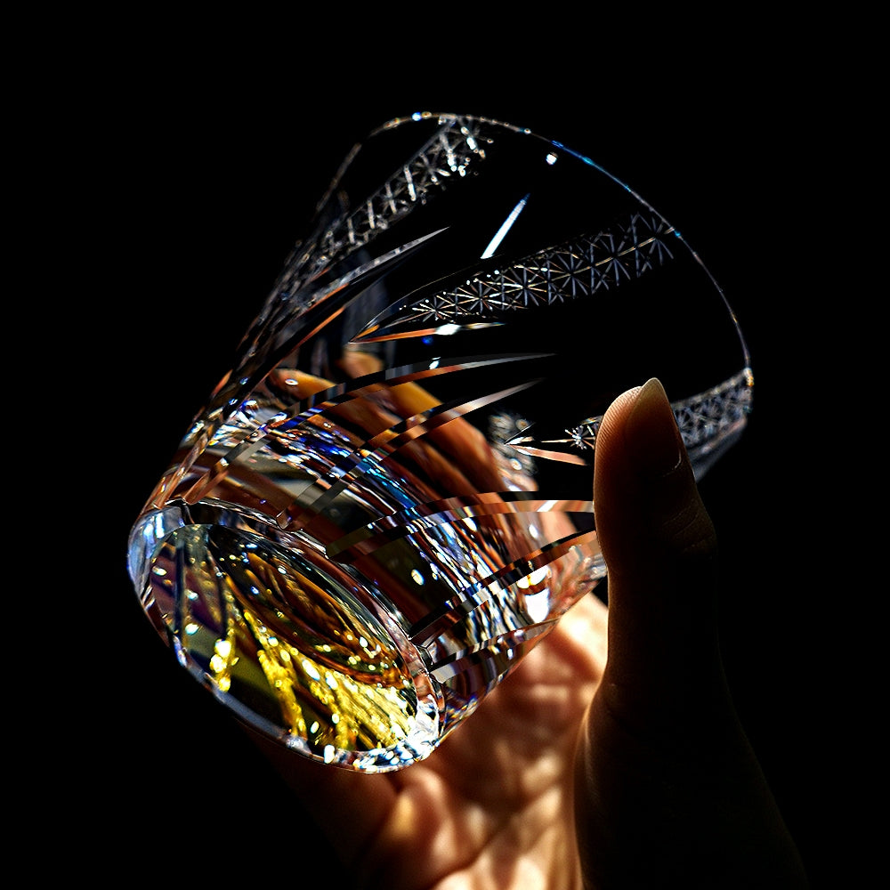 Verre à whisky en cristal iridescent Ryusei fait main Edo Kiriko avec coffret en bois