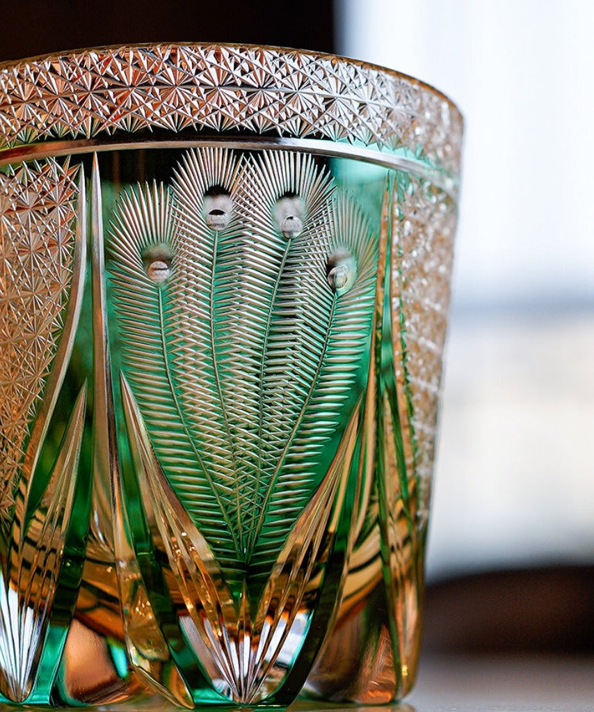 Edo Kiriko Handcrafted Emerald Peacock Whisky Glass With Wooden Box