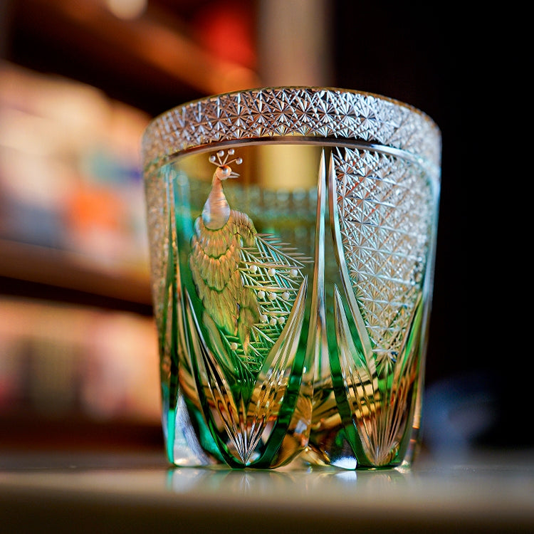 Edo Kiriko Handcrafted Emerald Peacock Whisky Glass With Wooden Box