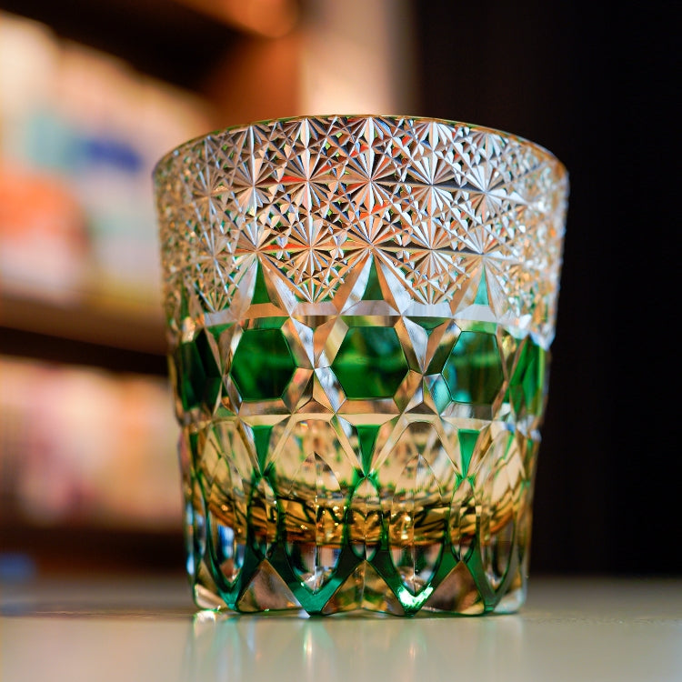 Edo Kiriko Handcrafted Emerald Fluorite Whisky Glass With Wooden Box