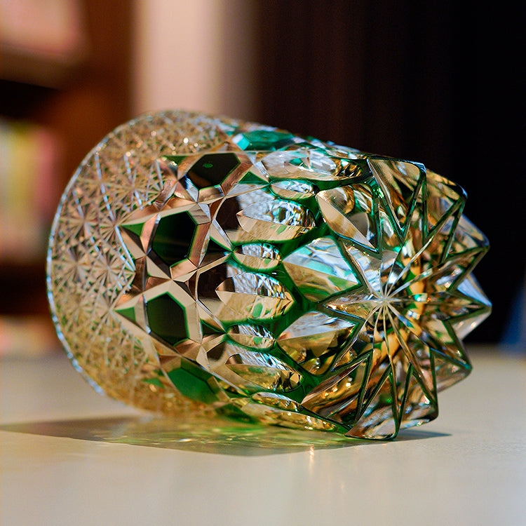 Edo Kiriko Handcrafted Emerald Fluorite Whisky Glass With Wooden Box