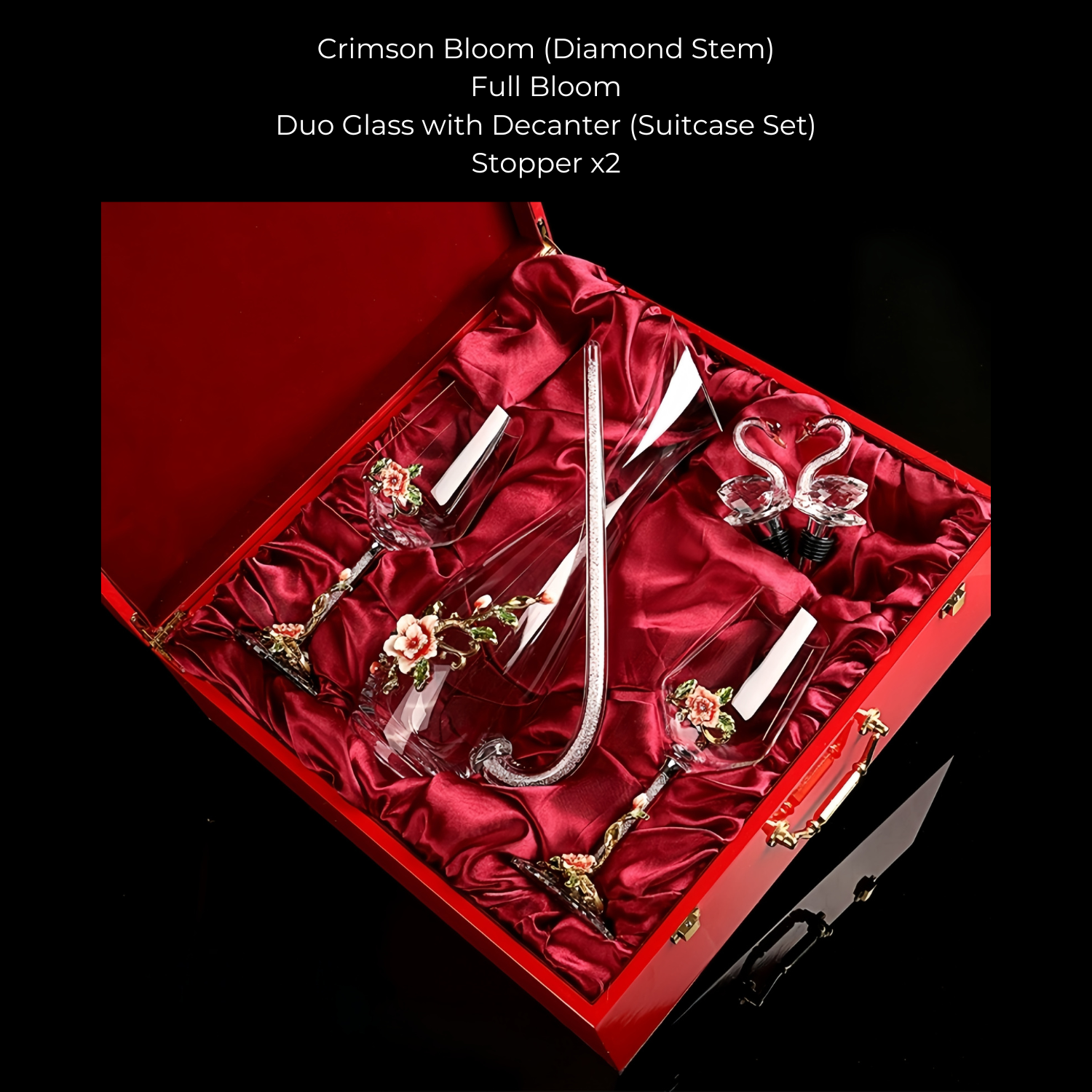 Metallic Flower Crystal Wine Glasses with Decanter Suitcase Set