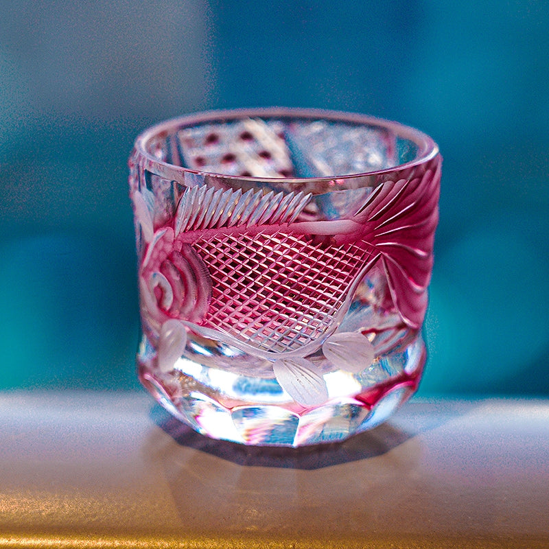 Edo Kiriko Handcrafted Rose Koi Glass With Wooden Box