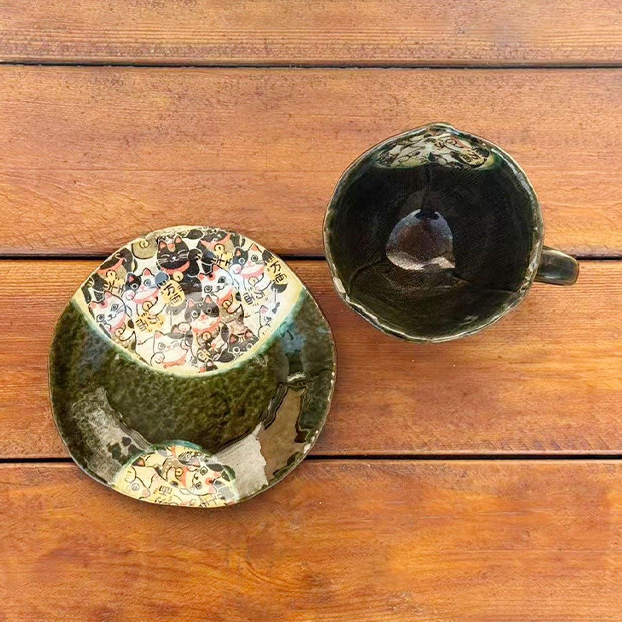 Mino Ware Handcrafted Oribe Fuku Neko Coffee Cup/Saucer Set