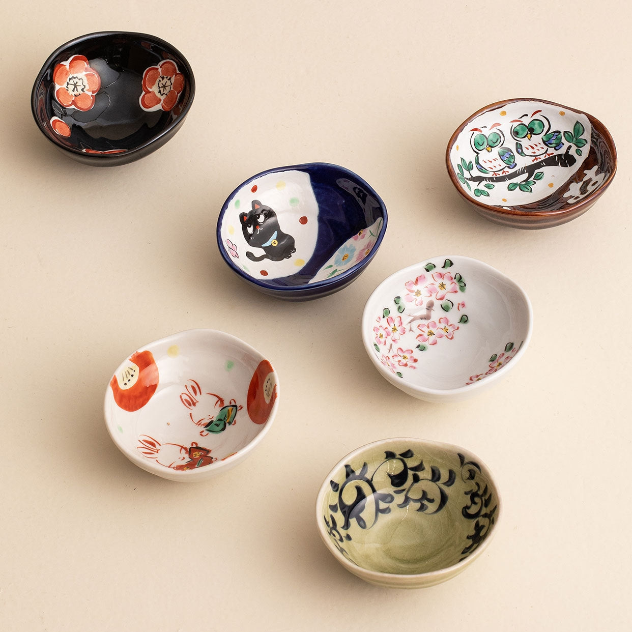 Ensemble de six bols Kobachi en céramique Ryochen Keshiki de Mino Ware avec boîte en bois