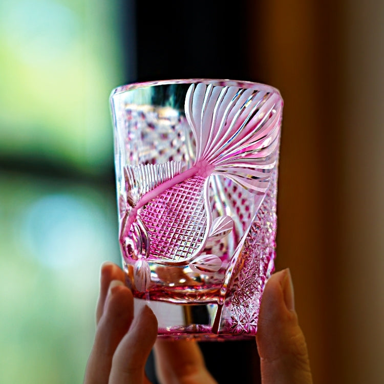 Edo Kiriko Handcrafted Rose Koi Whisky Glass With Wooden Box