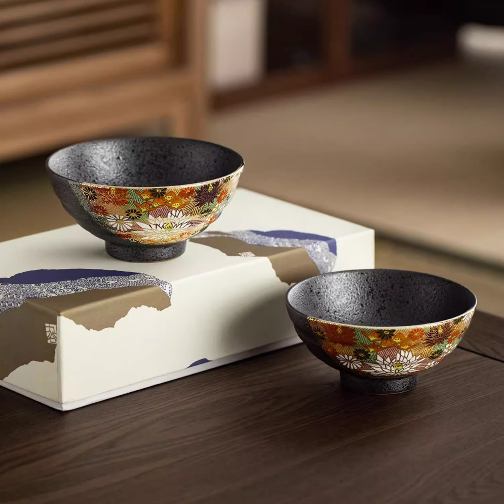 Kutaniyaki Golden Floral Sea Couple Bowl Set