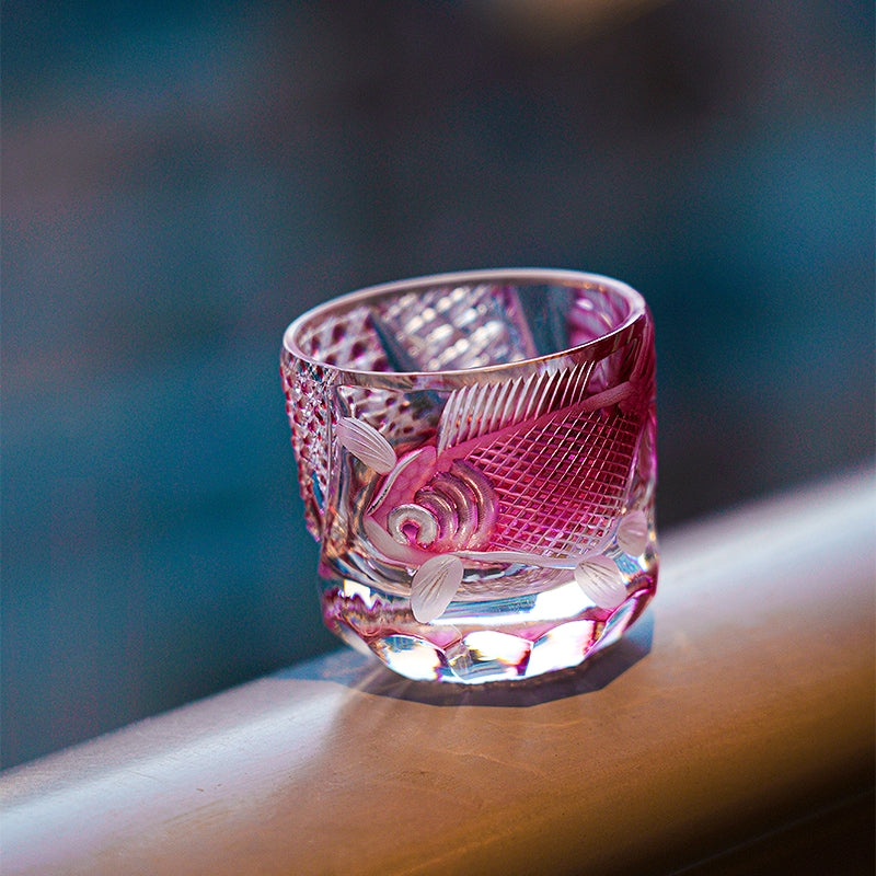 Edo Kiriko Handcrafted Rose Koi Glass With Wooden Box