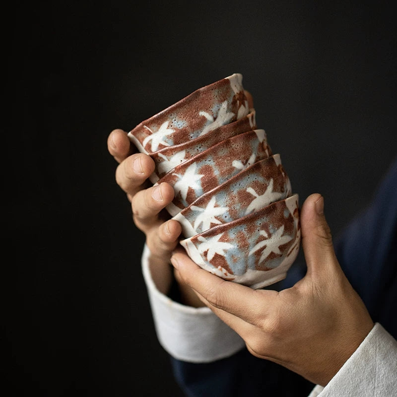 Ensemble de cinq bols Kobachi en céramique fait à la main Momiji de Shino Ware