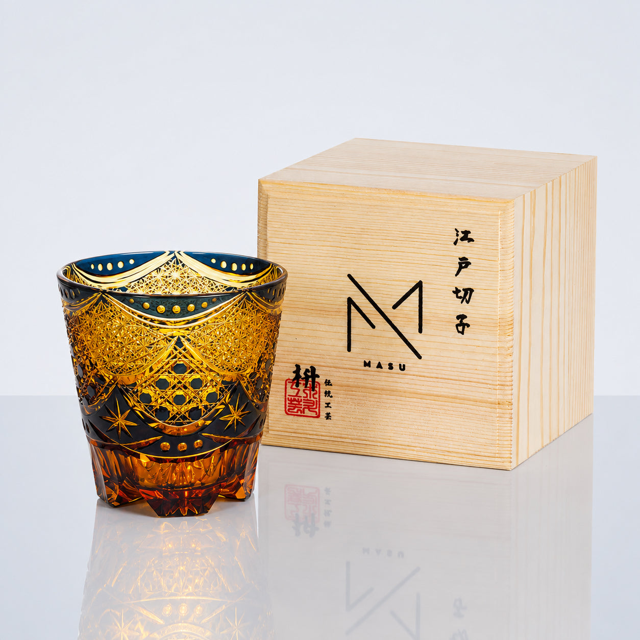 Edo Kiriko Yoru no Tobari Cut Crystal Whisky Glass With Wooden Box