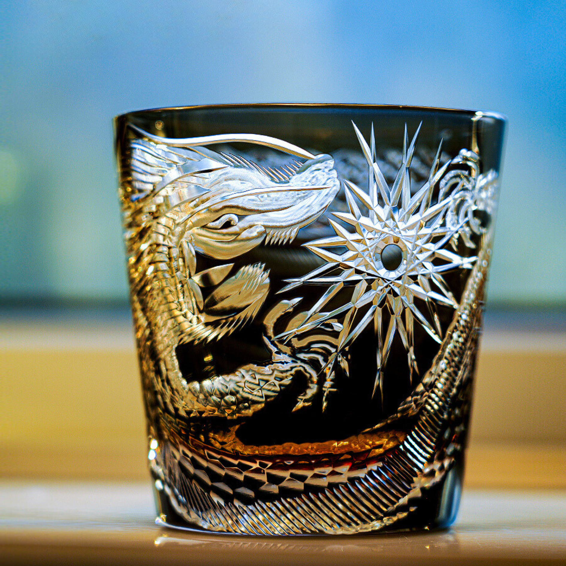 Edo Kiriko Handcrafted Soaring Dragon Whisky Glass With Wooden Box