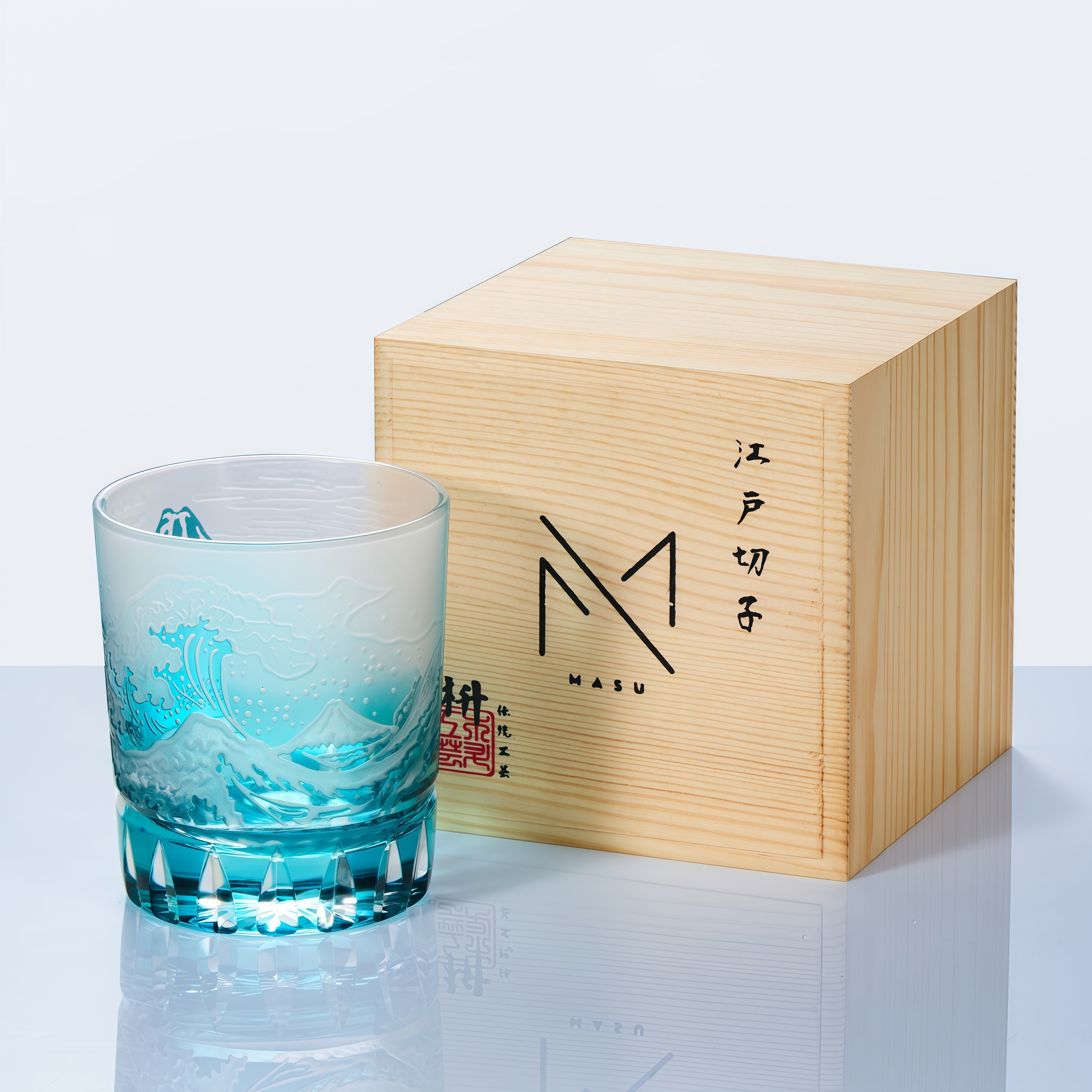 Edo Kiriko Handcrafted Fuji Wave Whisky Glass Collection With Wooden Box