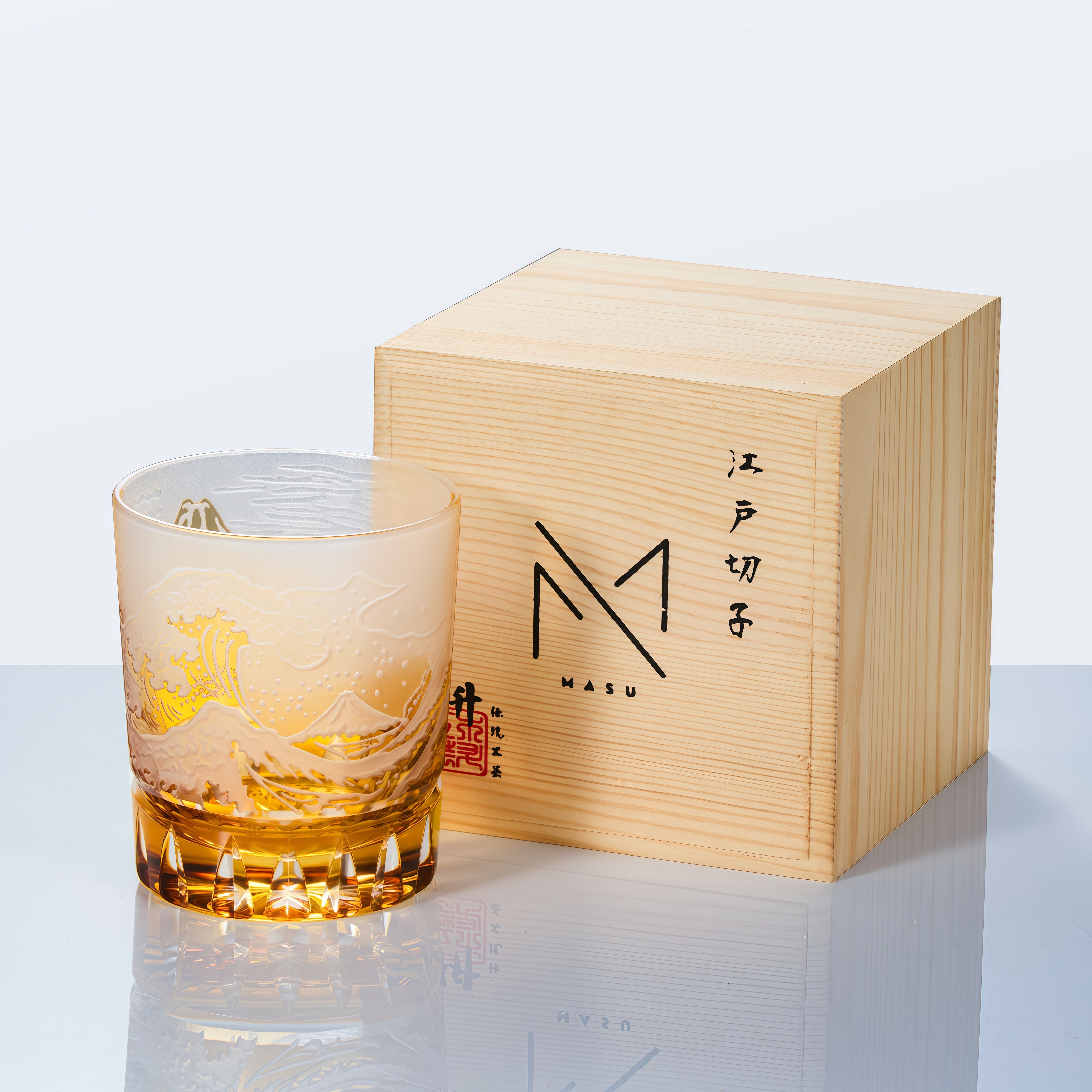 Edo Kiriko Handcrafted Fuji Wave Whisky Glass Collection With Wooden Box