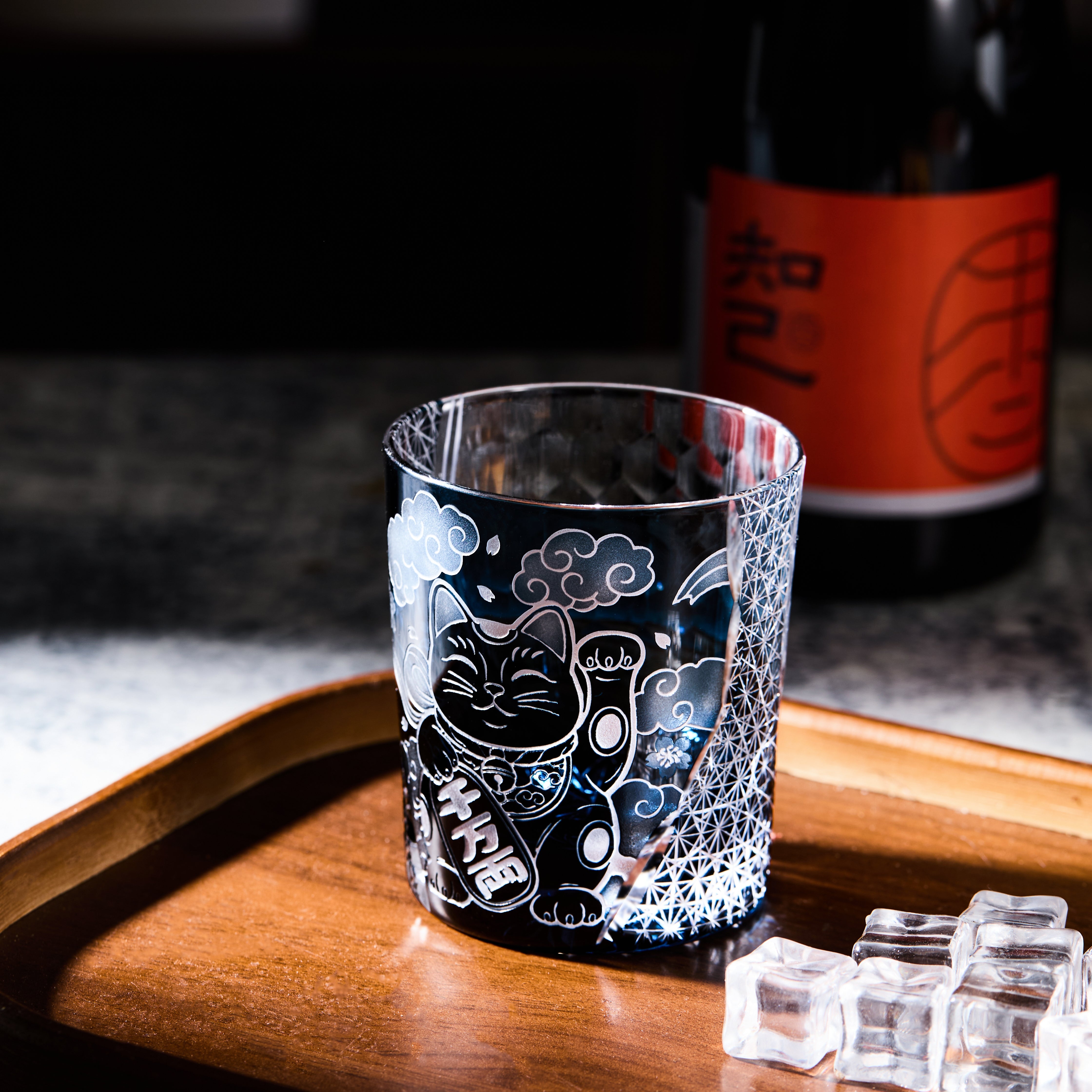 Edo Kiriko Handcrafted Maneki Neko Whisky Glass With Wooden Box