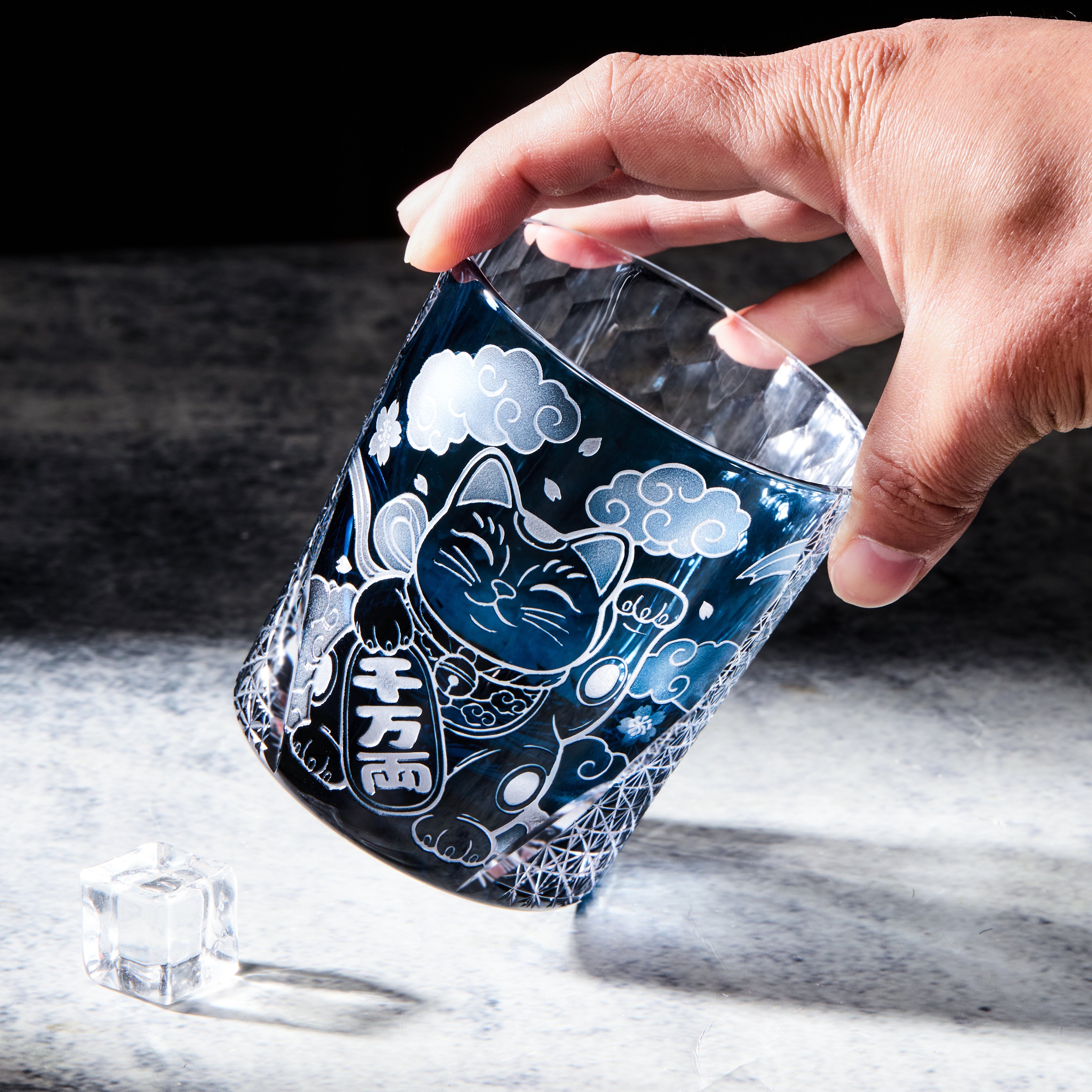 Edo Kiriko Handcrafted Maneki Neko Whisky Glass With Wooden Box