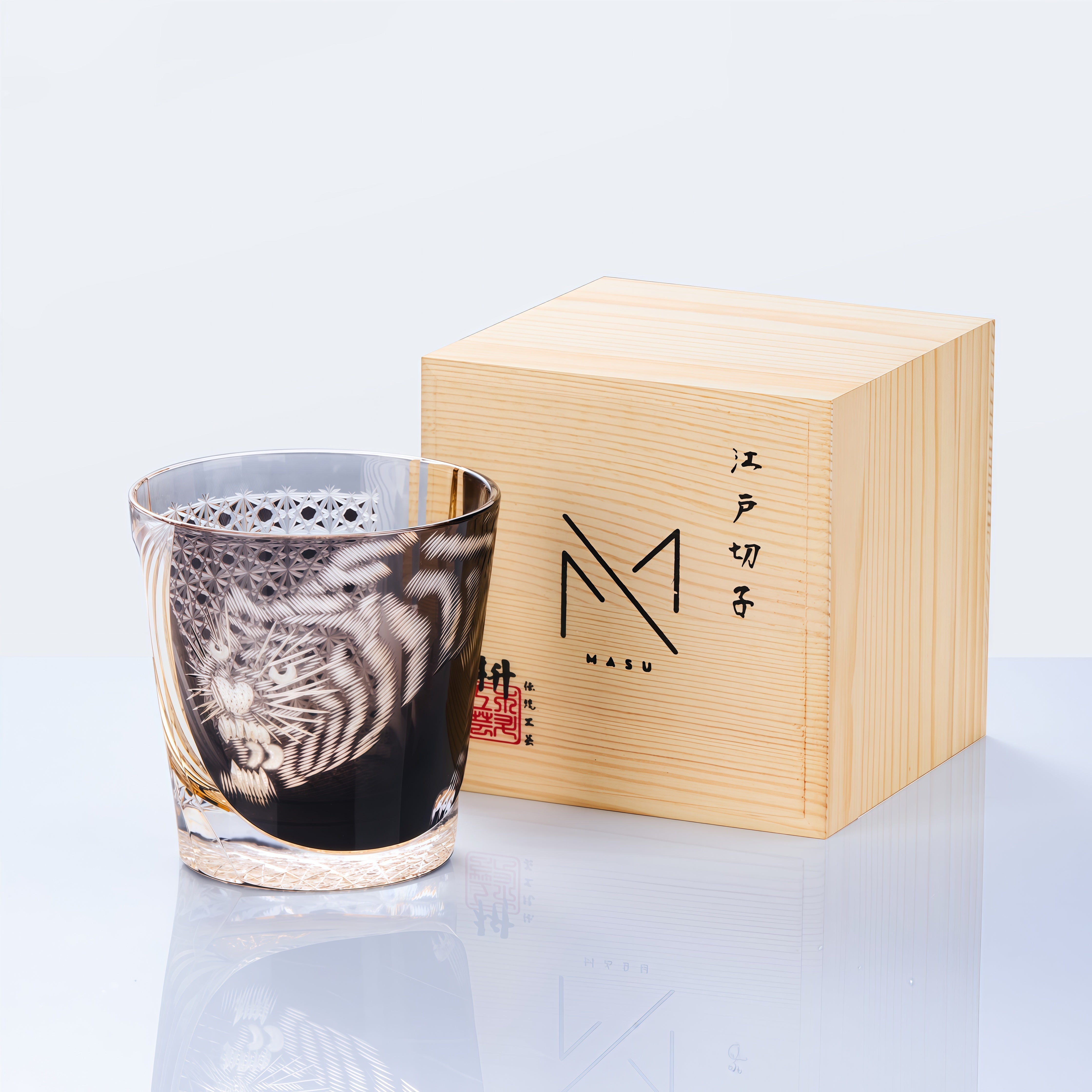 Edo Kiriko Handcrafted Kuro Tora Whisky Glass With Wooden Box - MASU
