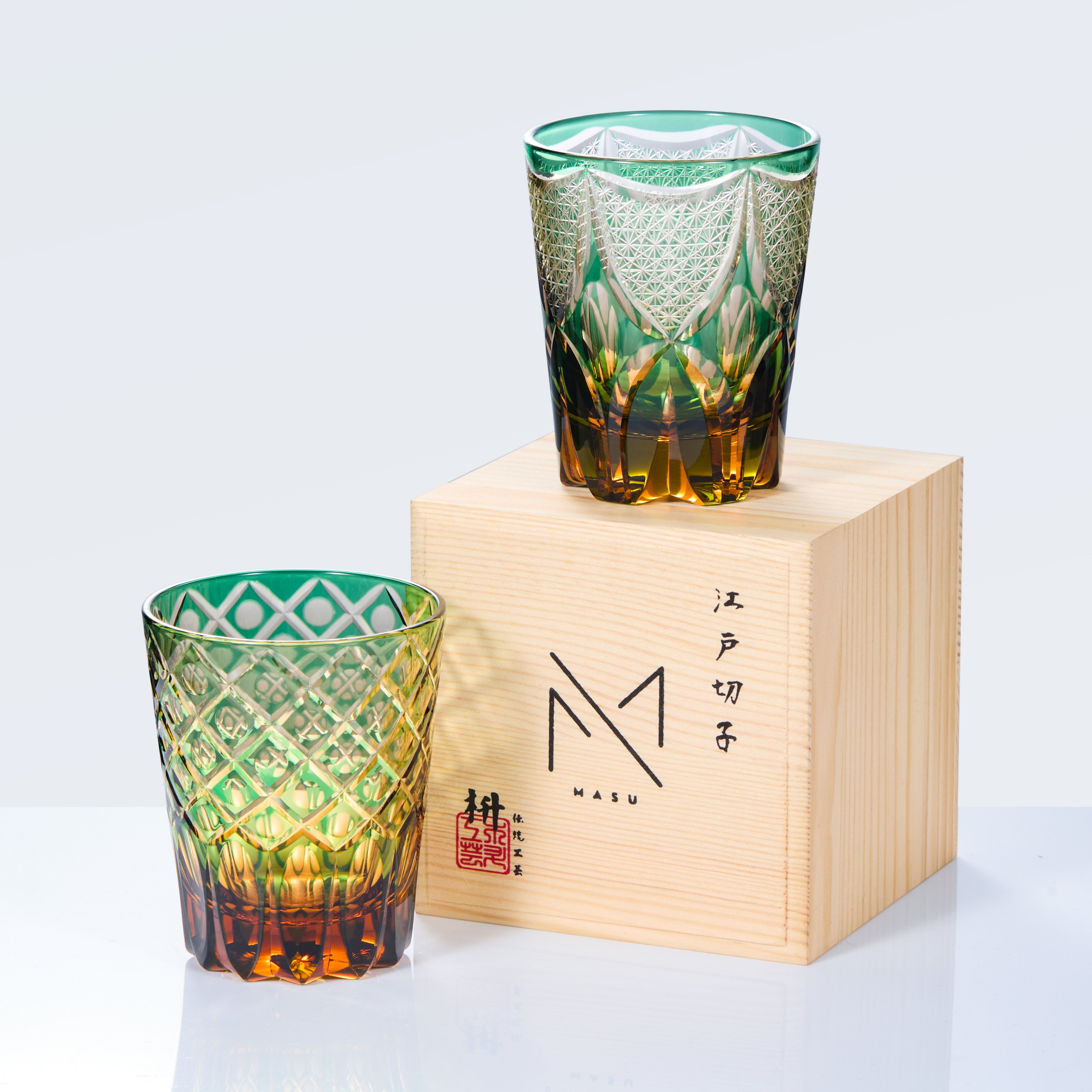 Edo Kiriko Handcrafted Ryokusho Yugure Whisky Glass Collection
