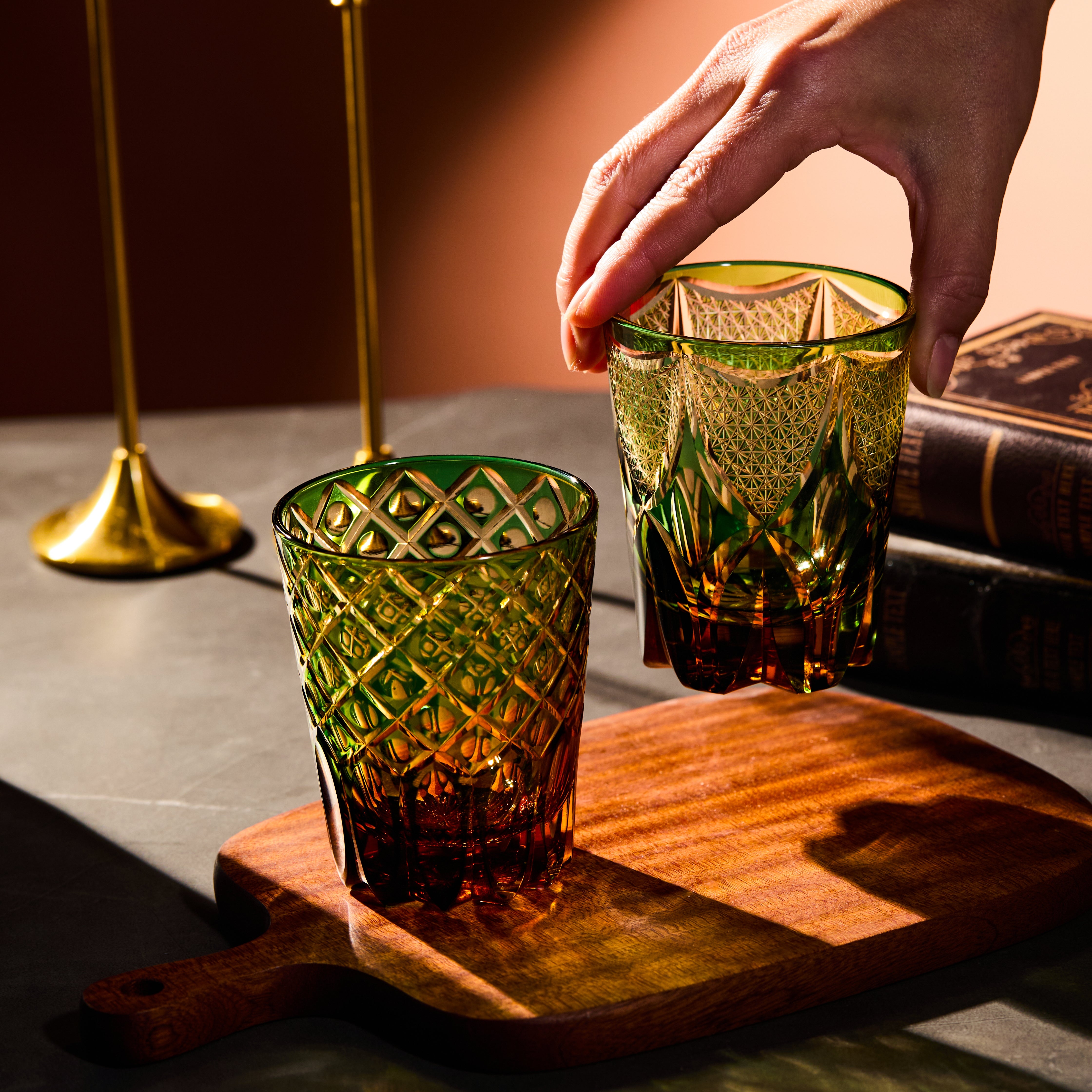 Edo Kiriko Handcrafted Ryokusho Yugure Whisky Glass Collection