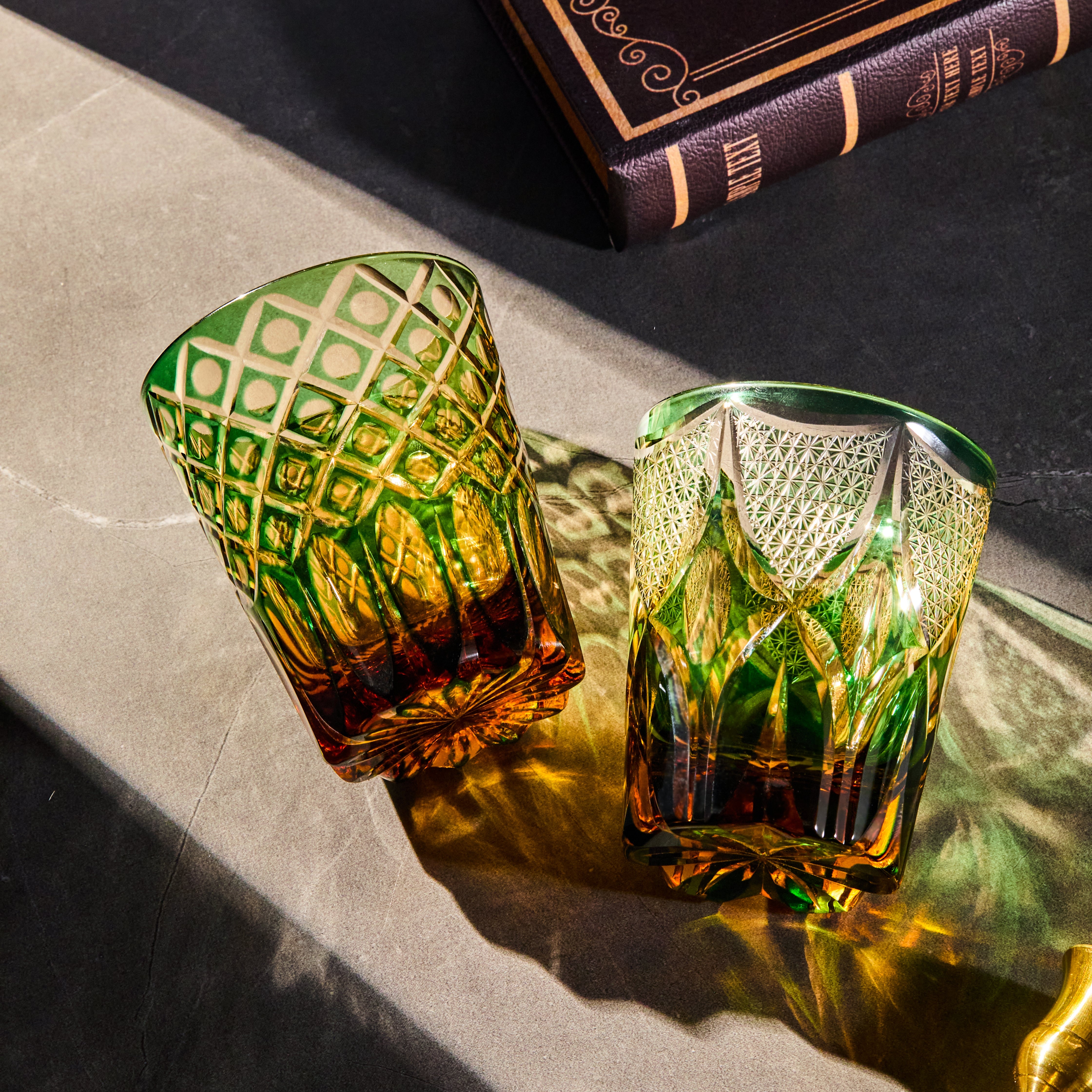 Edo Kiriko Handcrafted Ryokusho Yugure Whisky Glass Collection