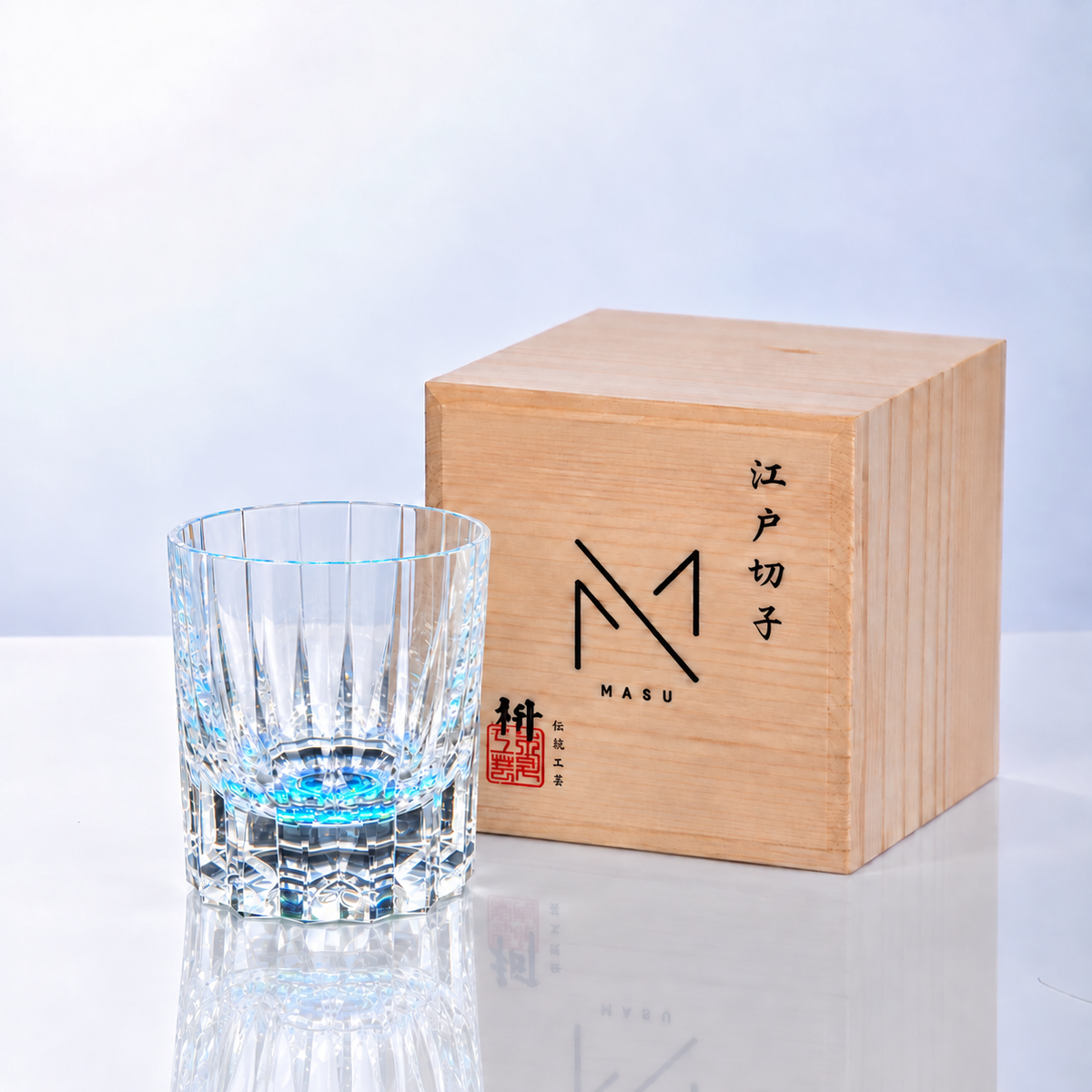 Edo Kiriko Handcrafted Crystal Royale Iridescent Whisky Glass with Wooden Box