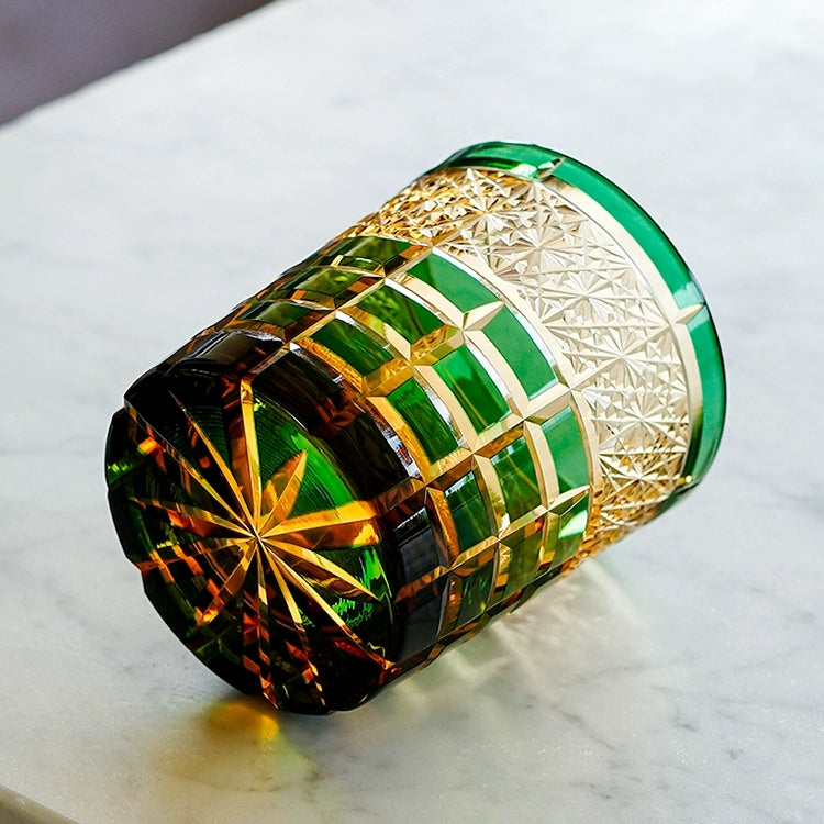 Edo Kiriko Handcrafted Diamond Amber Whisky Glass With Wooden Box