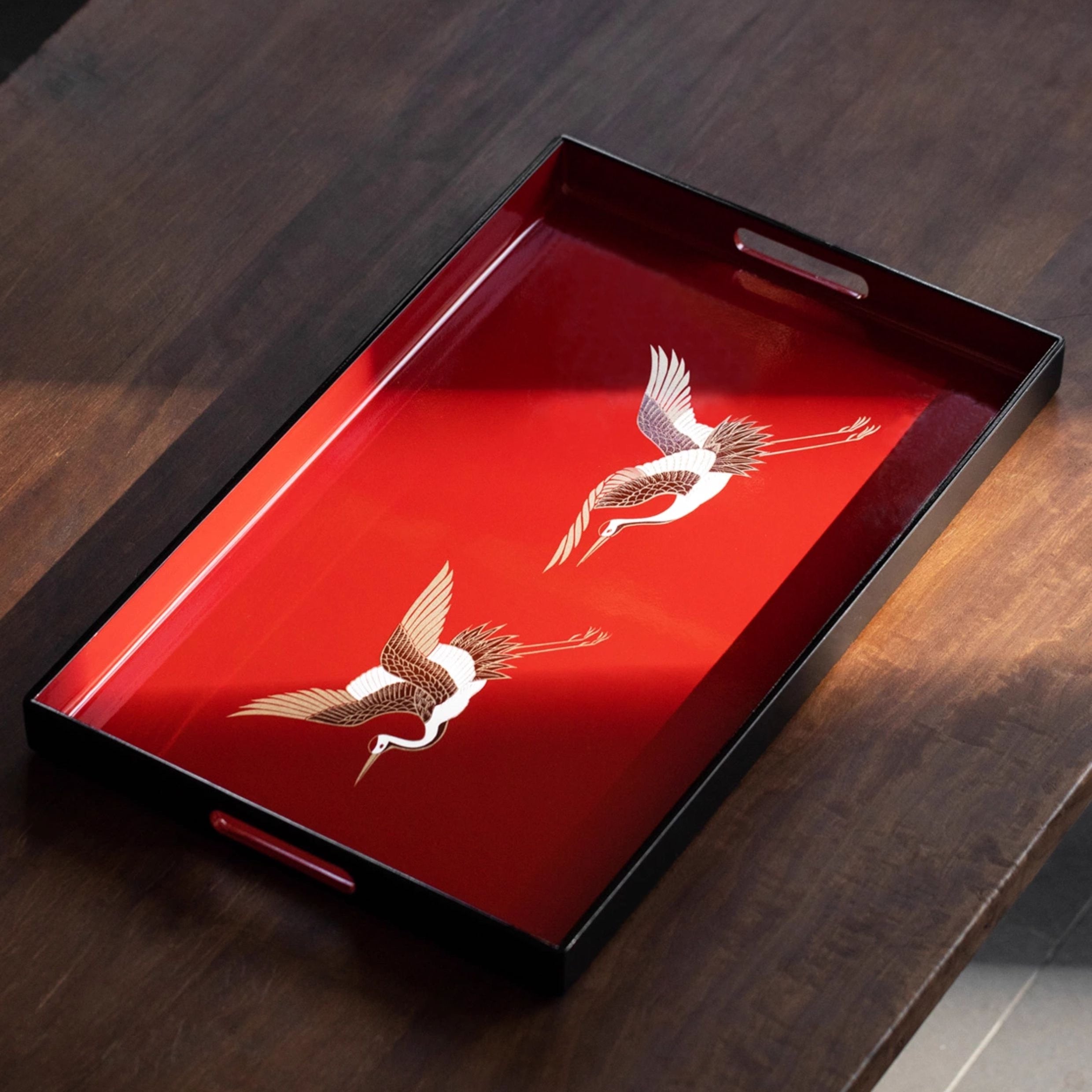Yamanaka Shikki Handcrafted Gold Foil Crimson Crane Lacquer Tray
