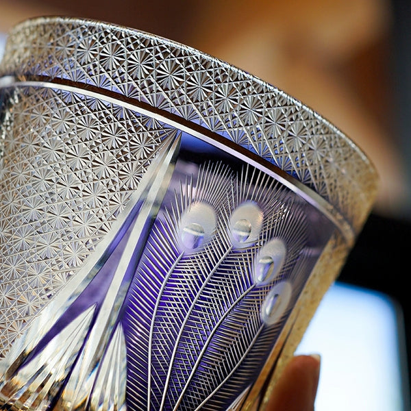 Edo Kiriko Handcrafted Violet Peacock Whisky Glass With Wooden Box MASU
