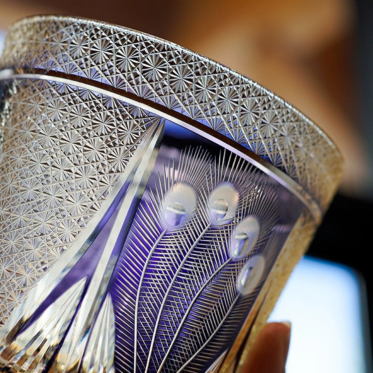Edo Kiriko Handcrafted Violet Peacock Whiskey Glass With Wooden Box - MASU