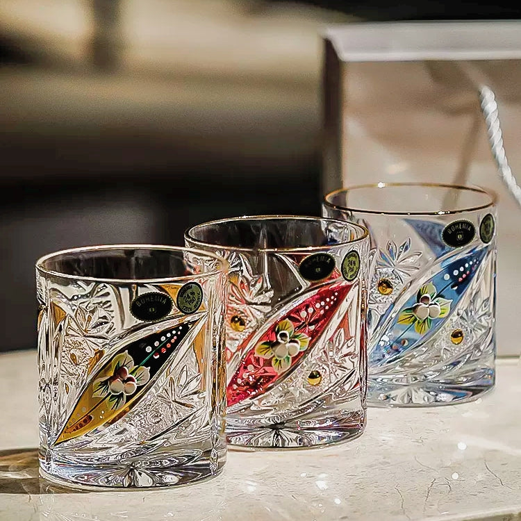 Bohemia Floral Enamel Crystal Whisky Glasses Gift Set Of Two