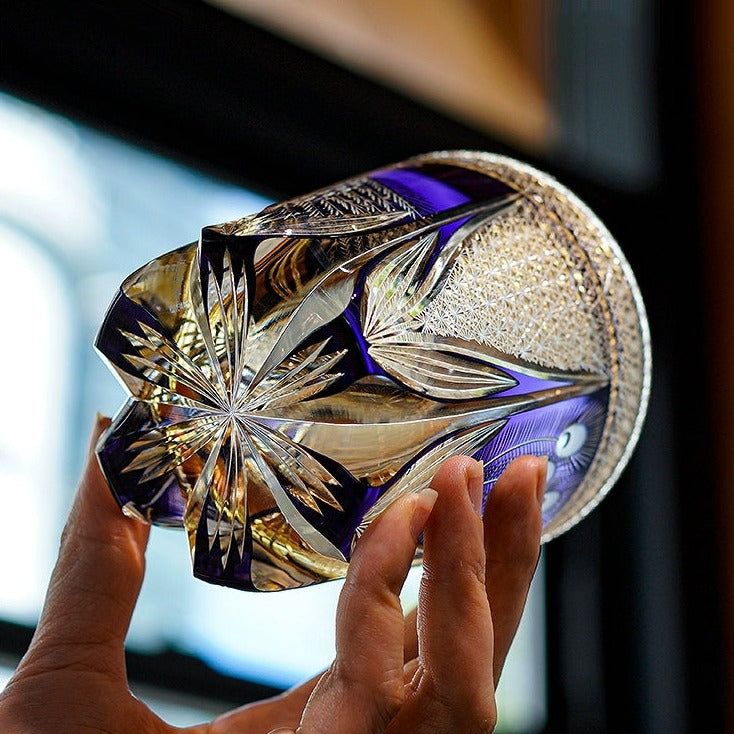 Edo Kiriko Handcrafted Violet Peacock Whiskey Glass With Wooden Box MASU